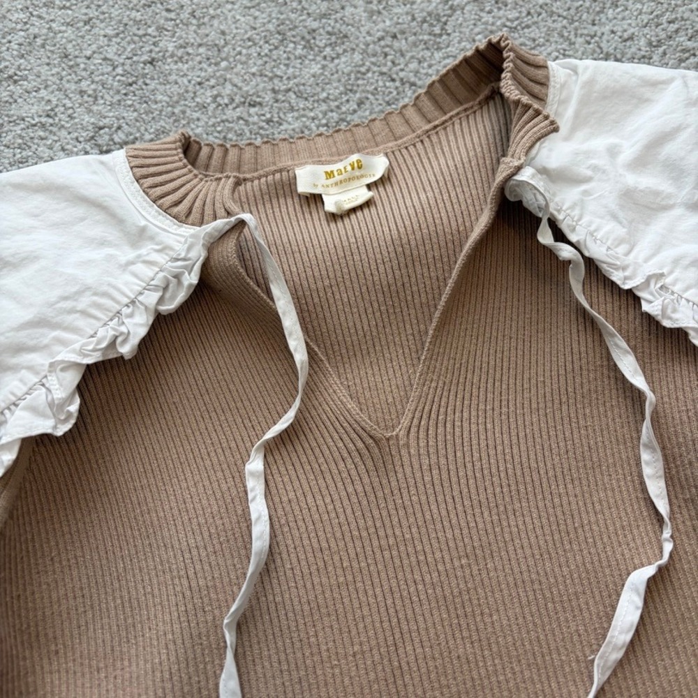 Maeve Anthropologie Poplin Collar Ribbed Knit Sweater Womens S Tan Cottage Retro - Picture 2 of 8